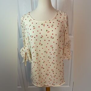 Lauren Conrad Cream red Cherry Top Ruffle Sleeve‎ Size Medium